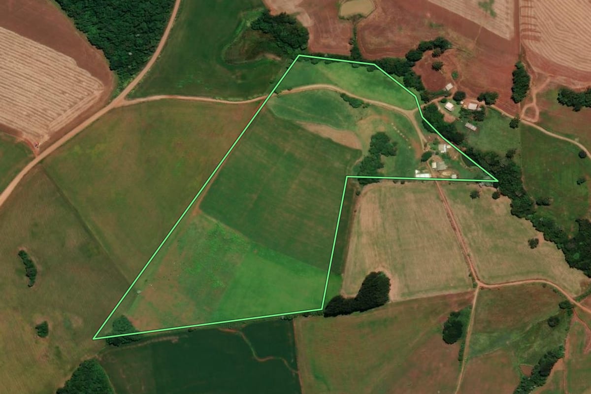 Imagem de satélite do imóvel rural em Três Palmeiras (RS), com o contorno declarado no CAR desenhado por cima.