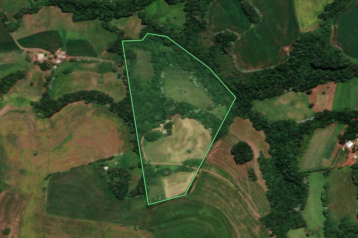 Imagem de satélite do imóvel rural em Três Palmeiras (RS), com o contorno declarado no CAR desenhado por cima.