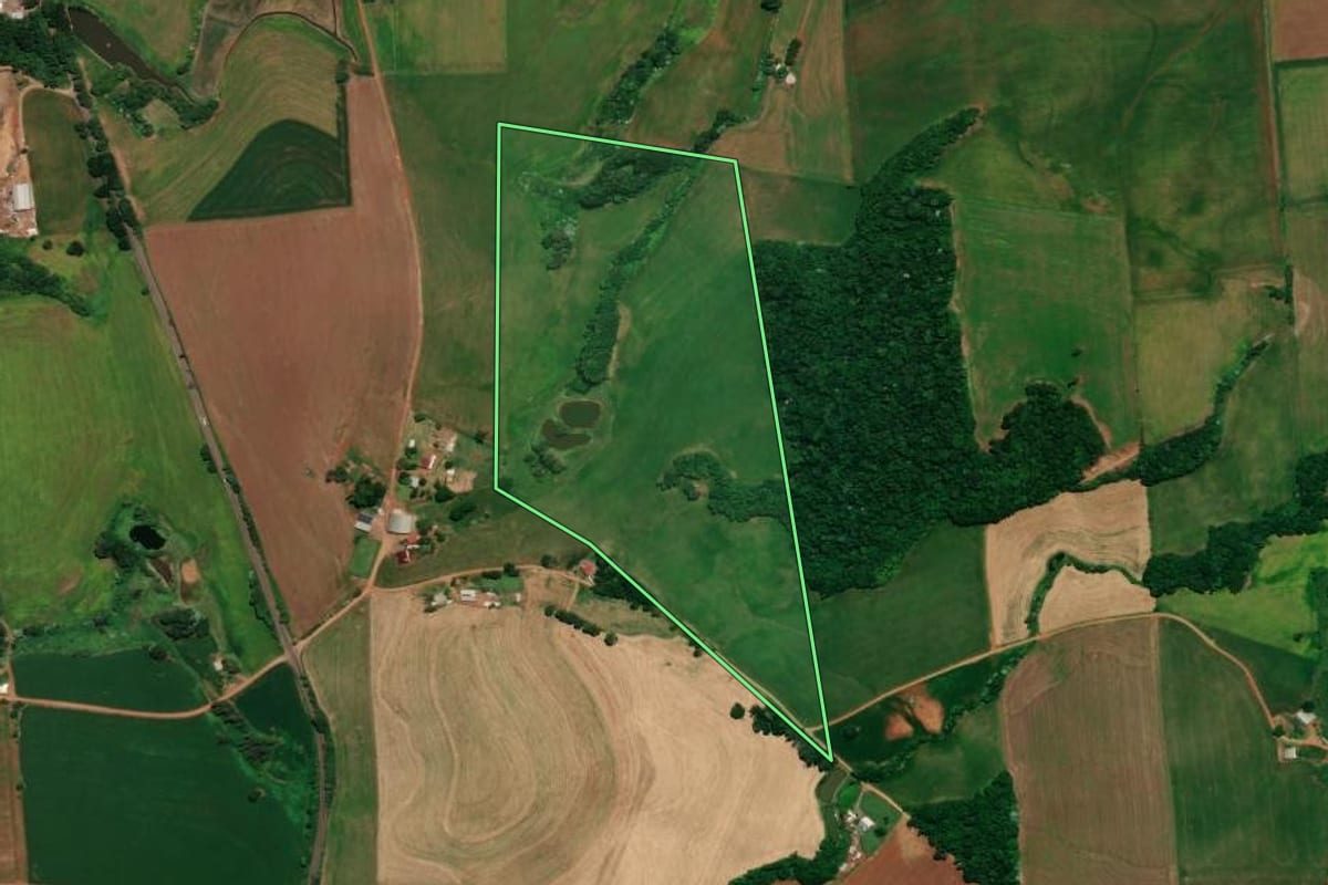 Imagem de satélite do imóvel rural em Três Palmeiras (RS), com o contorno declarado no CAR desenhado por cima.