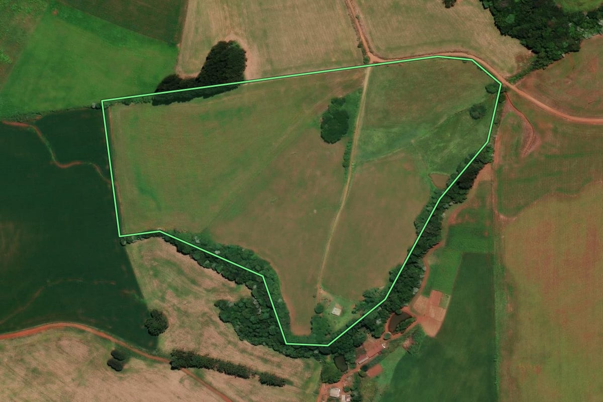 Imagem de satélite do imóvel rural em Três Palmeiras (RS), com o contorno declarado no CAR desenhado por cima.
