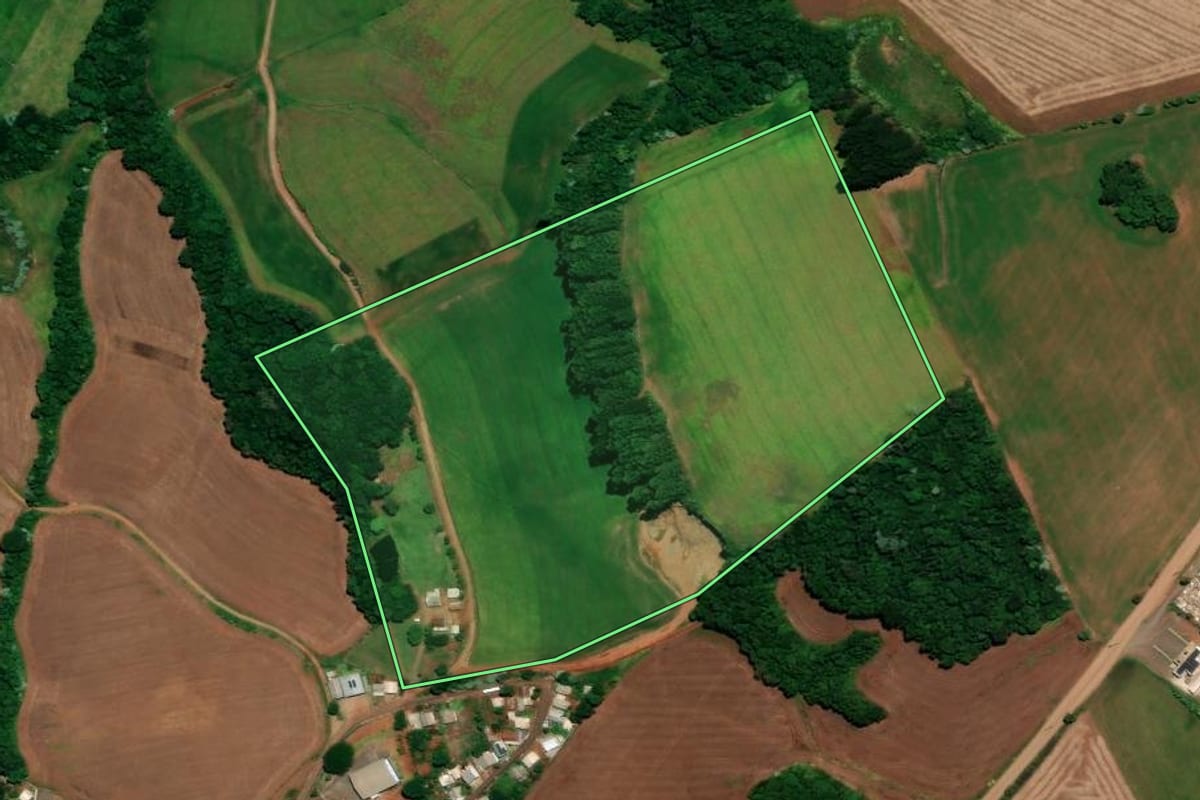 Imagem de satélite do imóvel rural em Três Palmeiras (RS), com o contorno declarado no CAR desenhado por cima.