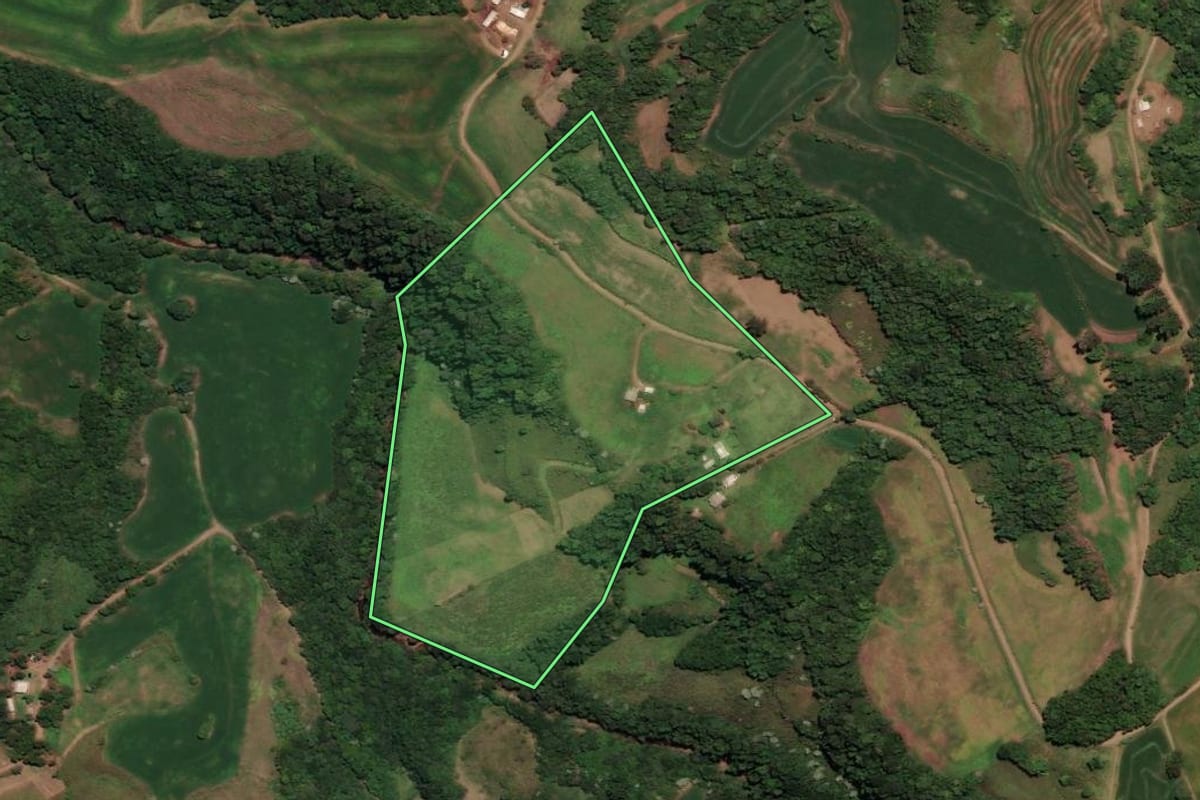 Imagem de satélite do imóvel rural em Três Palmeiras (RS), com o contorno declarado no CAR desenhado por cima.