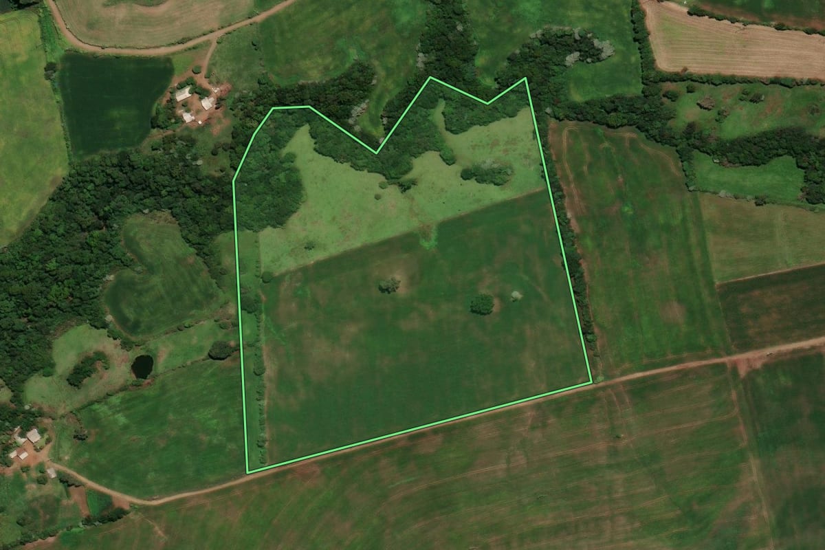 Imagem de satélite do imóvel rural em Três Palmeiras (RS), com o contorno declarado no CAR desenhado por cima.