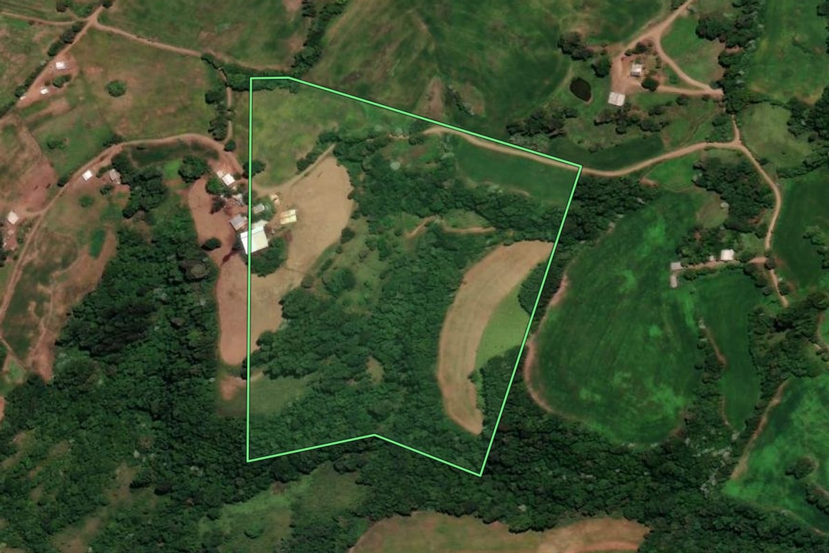 Imagem de satélite do imóvel rural em Três Palmeiras (RS), com o contorno declarado no CAR desenhado por cima.