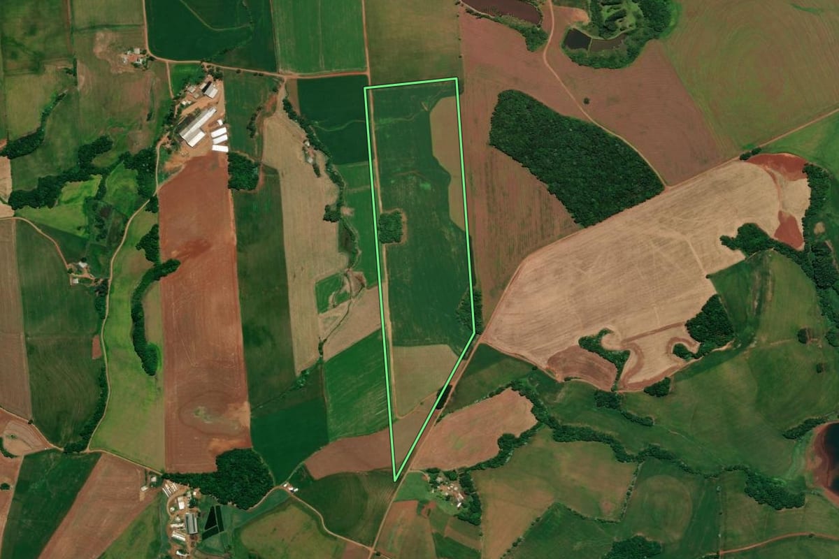 Imagem de satélite do imóvel rural em Três Palmeiras (RS), com o contorno declarado no CAR desenhado por cima.