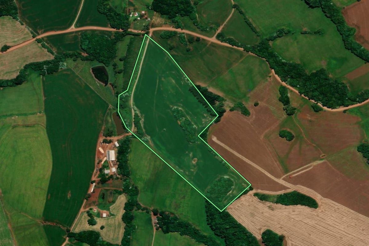 Imagem de satélite do imóvel rural em Três Palmeiras (RS), com o contorno declarado no CAR desenhado por cima.