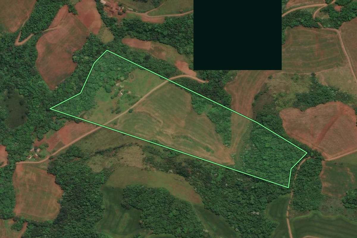 Imagem de satélite do imóvel rural em Três Passos (RS), com o contorno declarado no CAR desenhado por cima.