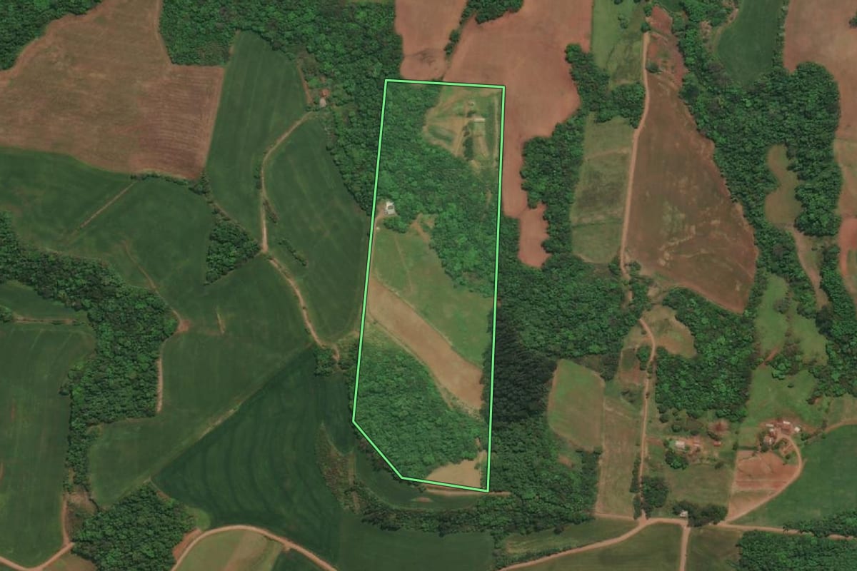 Imagem de satélite do imóvel rural em Três Passos (RS), com o contorno declarado no CAR desenhado por cima.