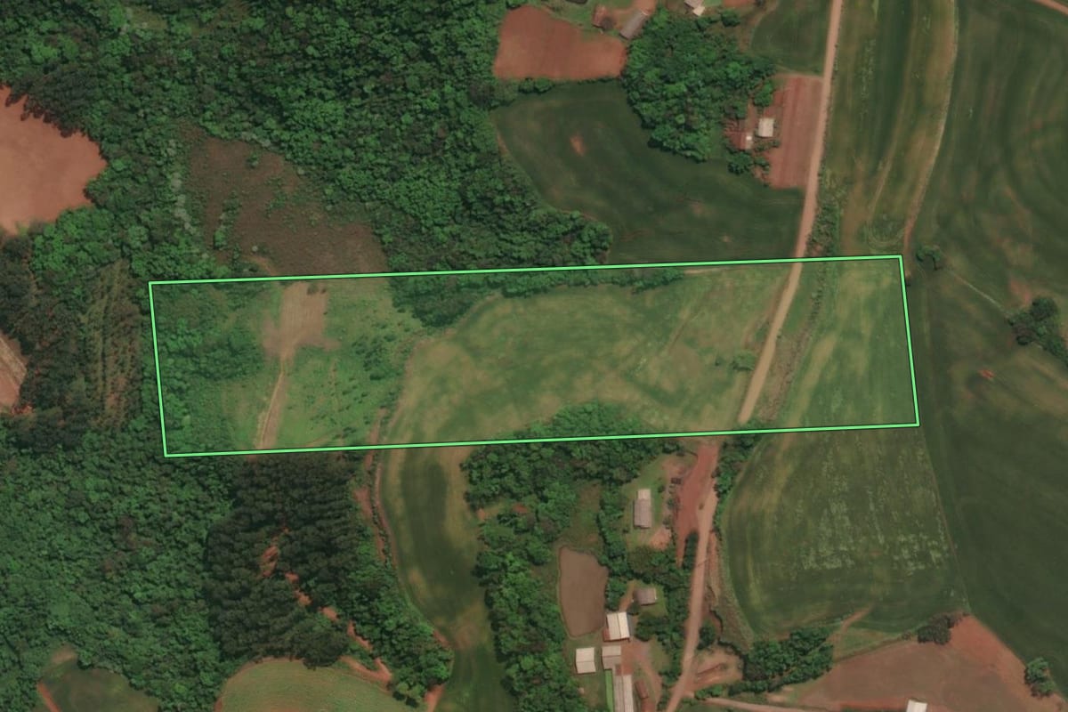 Imagem de satélite do imóvel rural em Três Passos (RS), com o contorno declarado no CAR desenhado por cima.