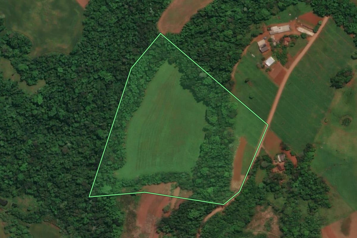 Imagem de satélite do imóvel rural em Três Passos (RS), com o contorno declarado no CAR desenhado por cima.