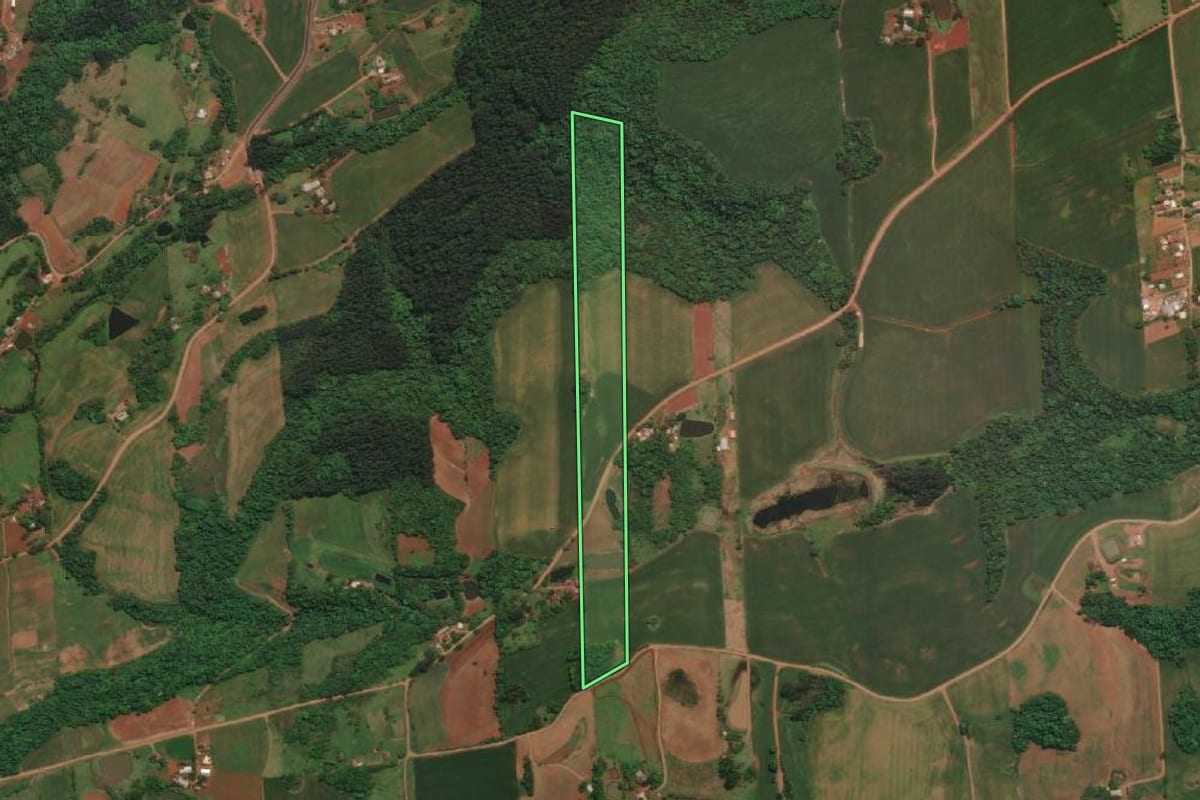 Imagem de satélite do imóvel rural em Três Passos (RS), com o contorno declarado no CAR desenhado por cima.
