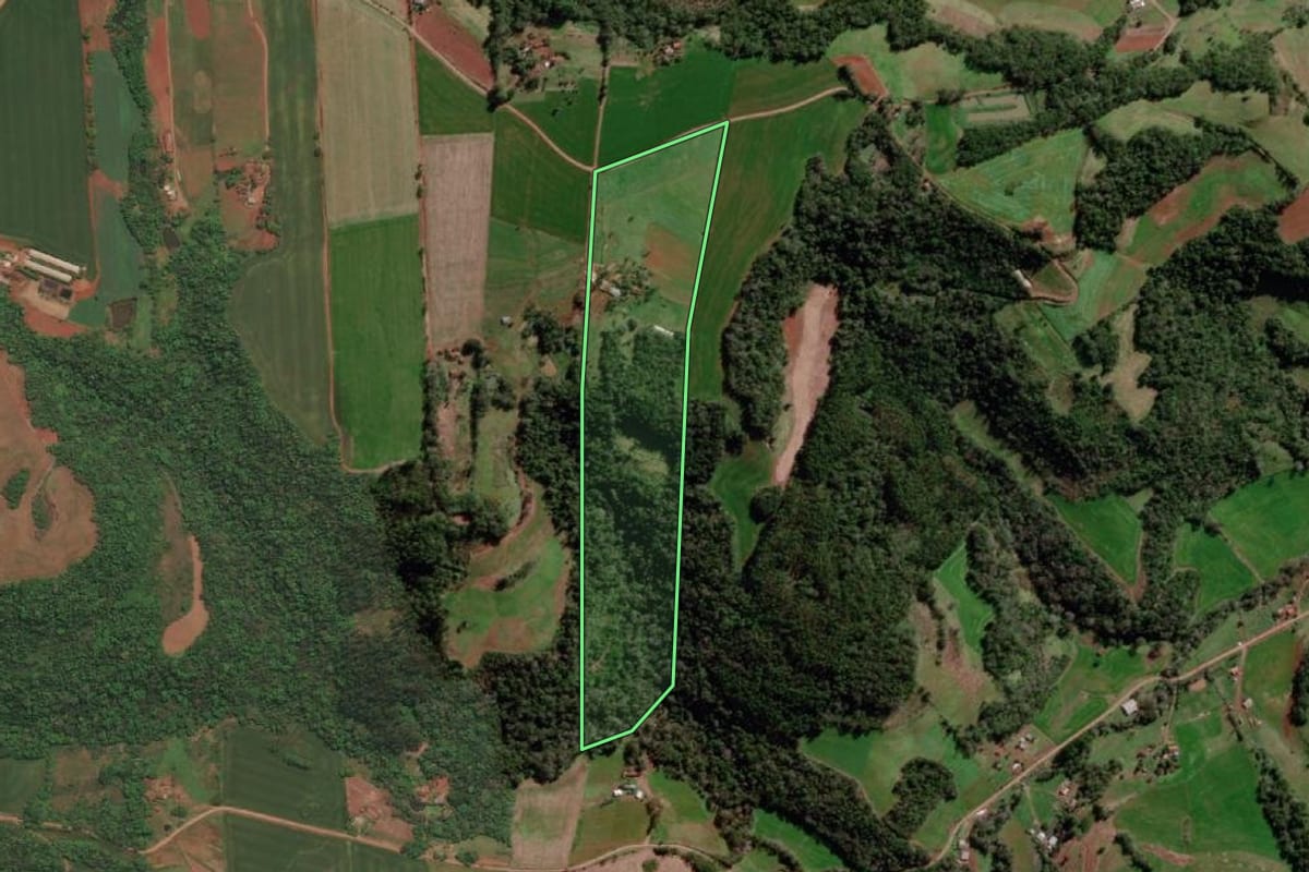 Imagem de satélite do imóvel rural em Três Passos (RS), com o contorno declarado no CAR desenhado por cima.
