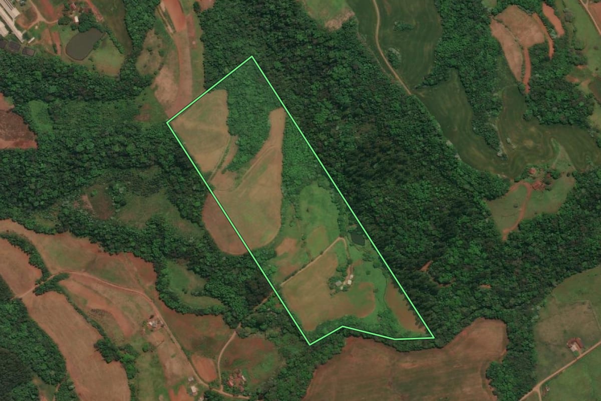 Imagem de satélite do imóvel rural em Três Passos (RS), com o contorno declarado no CAR desenhado por cima.