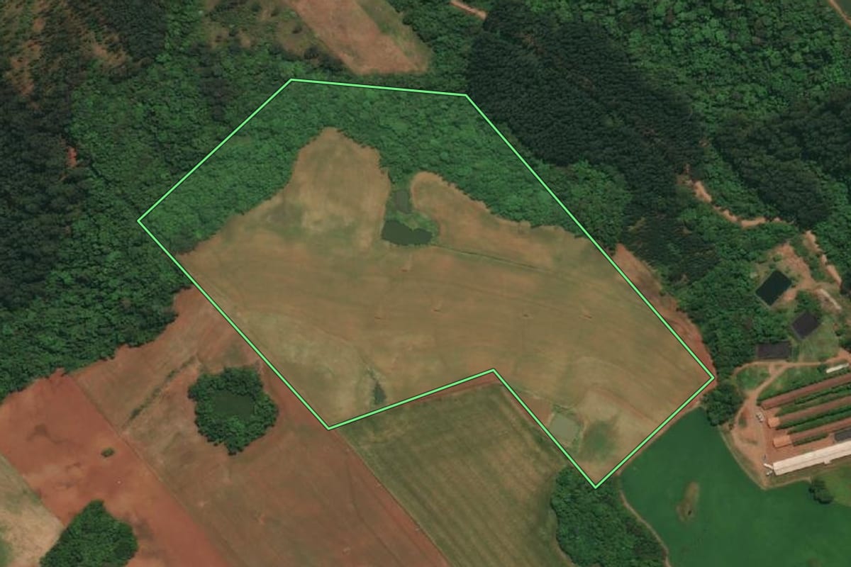 Imagem de satélite do imóvel rural em Três Passos (RS), com o contorno declarado no CAR desenhado por cima.