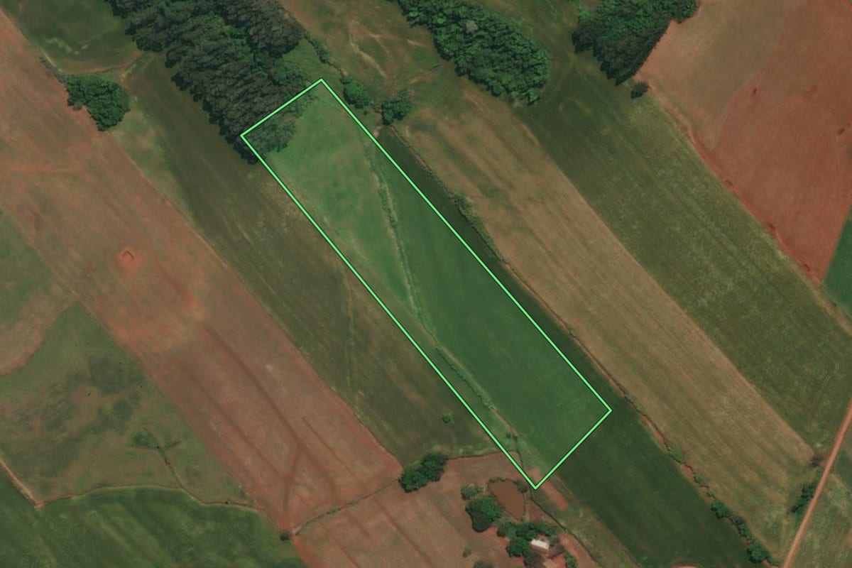 Imagem de satélite do imóvel rural em Três Passos (RS), com o contorno declarado no CAR desenhado por cima.