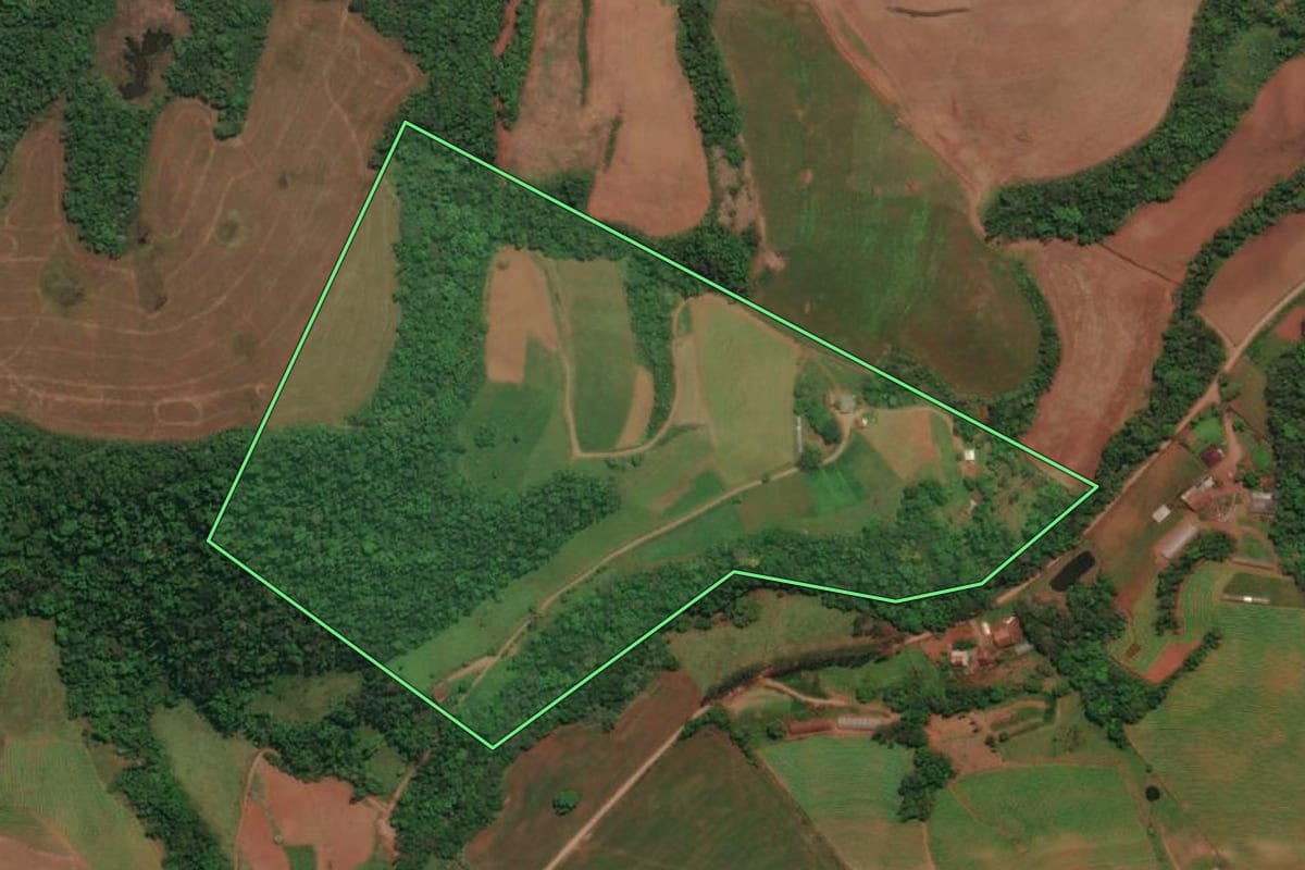 Imagem de satélite do imóvel rural em Três Passos (RS), com o contorno declarado no CAR desenhado por cima.