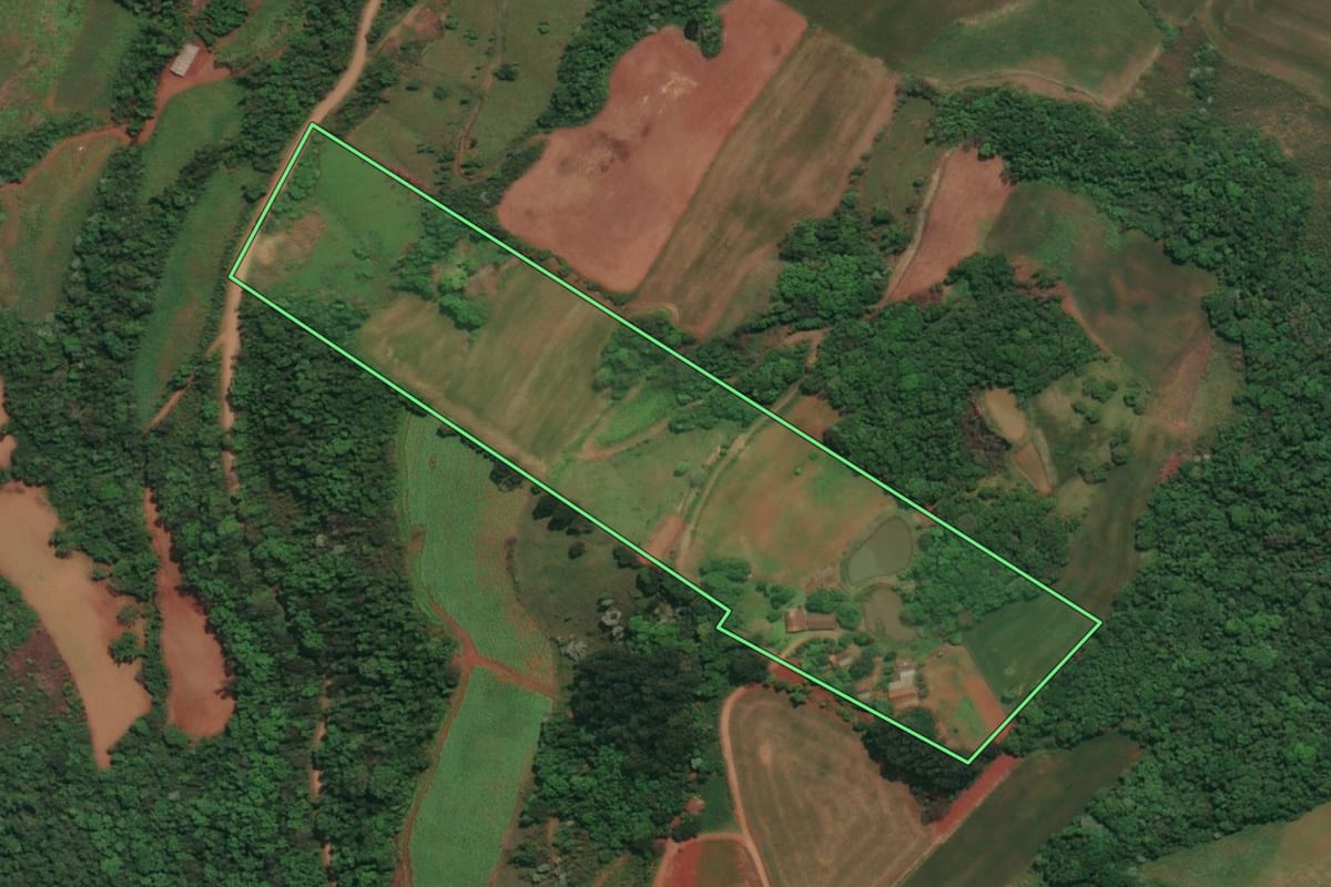 Imagem de satélite do imóvel rural em Três Passos (RS), com o contorno declarado no CAR desenhado por cima.