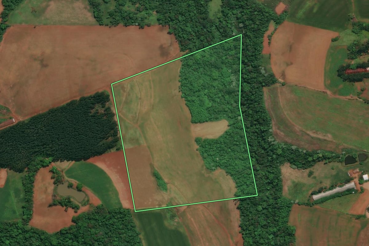 Imagem de satélite do imóvel rural em Três Passos (RS), com o contorno declarado no CAR desenhado por cima.
