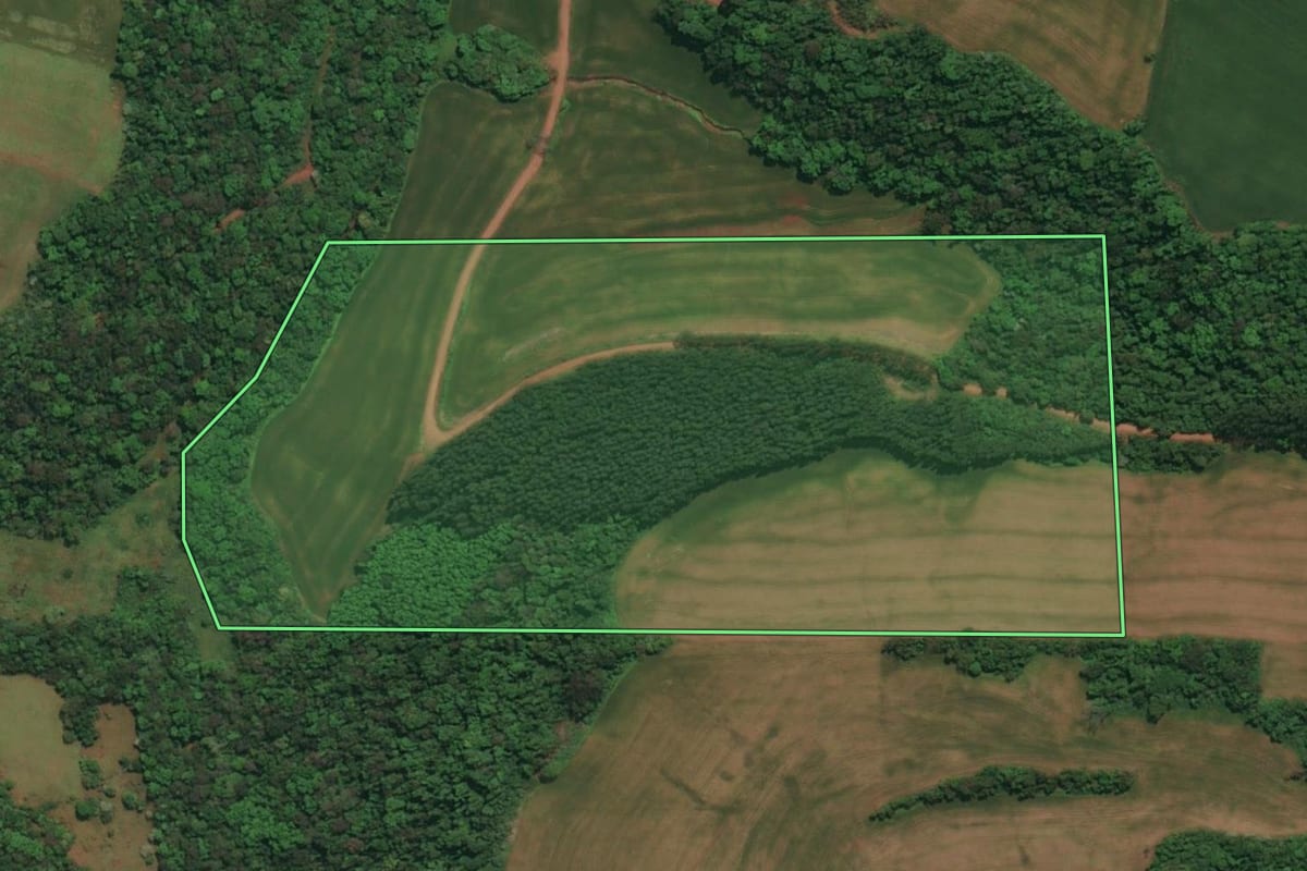 Imagem de satélite do imóvel rural em Três Passos (RS), com o contorno declarado no CAR desenhado por cima.
