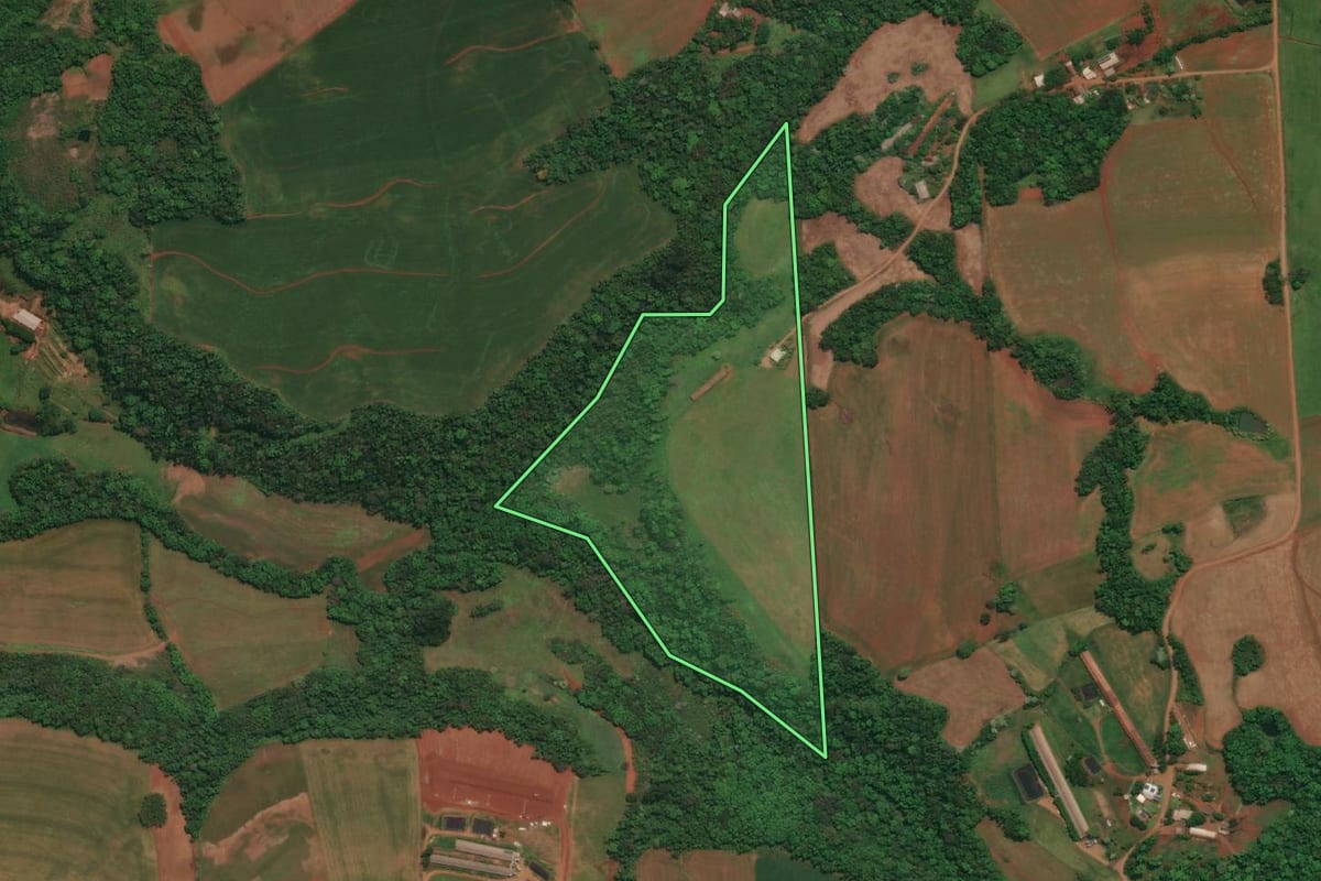 Imagem de satélite do imóvel rural em Três Passos (RS), com o contorno declarado no CAR desenhado por cima.
