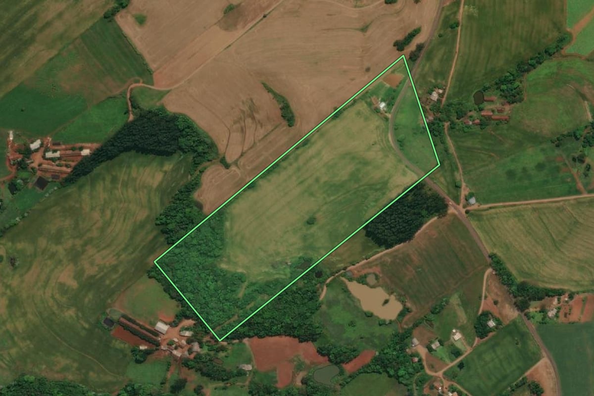 Imagem de satélite do imóvel rural em Três Passos (RS), com o contorno declarado no CAR desenhado por cima.
