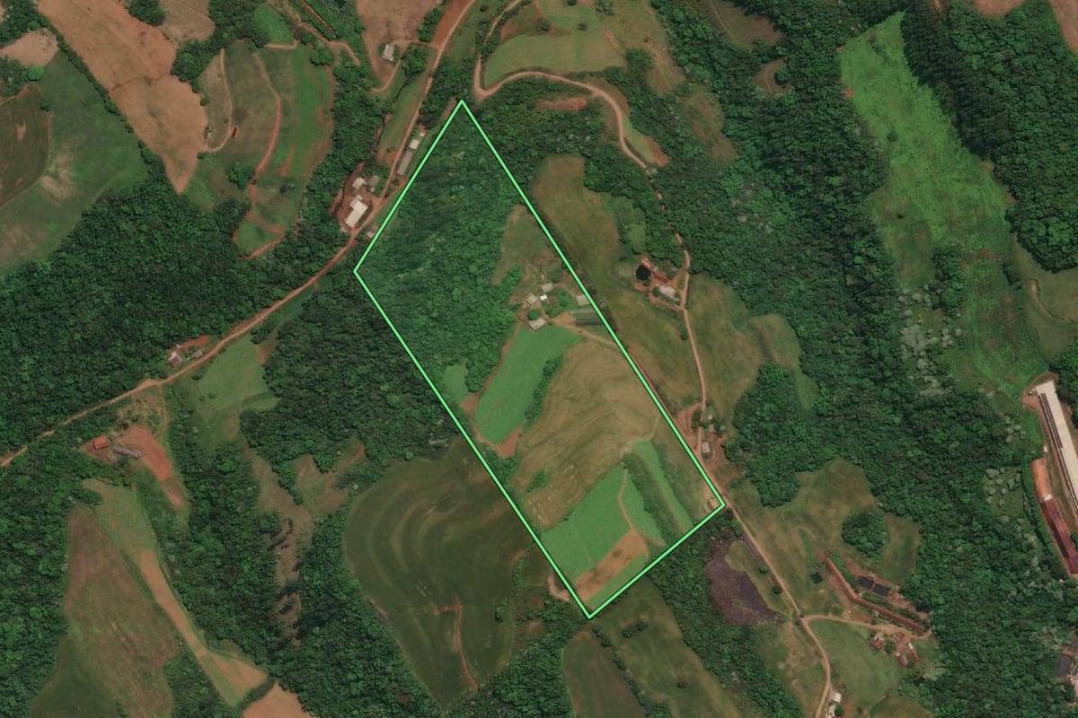 Imagem de satélite do imóvel rural em Três Passos (RS), com o contorno declarado no CAR desenhado por cima.