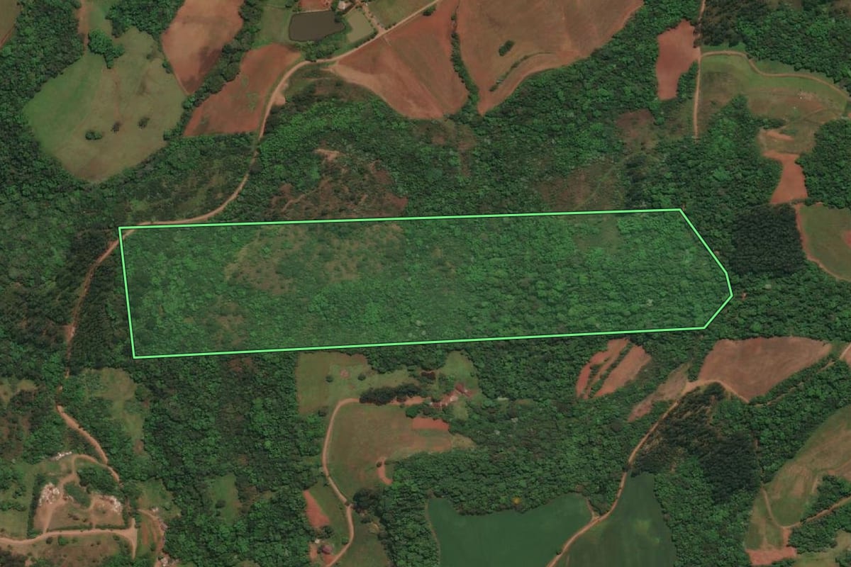Imagem de satélite do imóvel rural em Três Passos (RS), com o contorno declarado no CAR desenhado por cima.