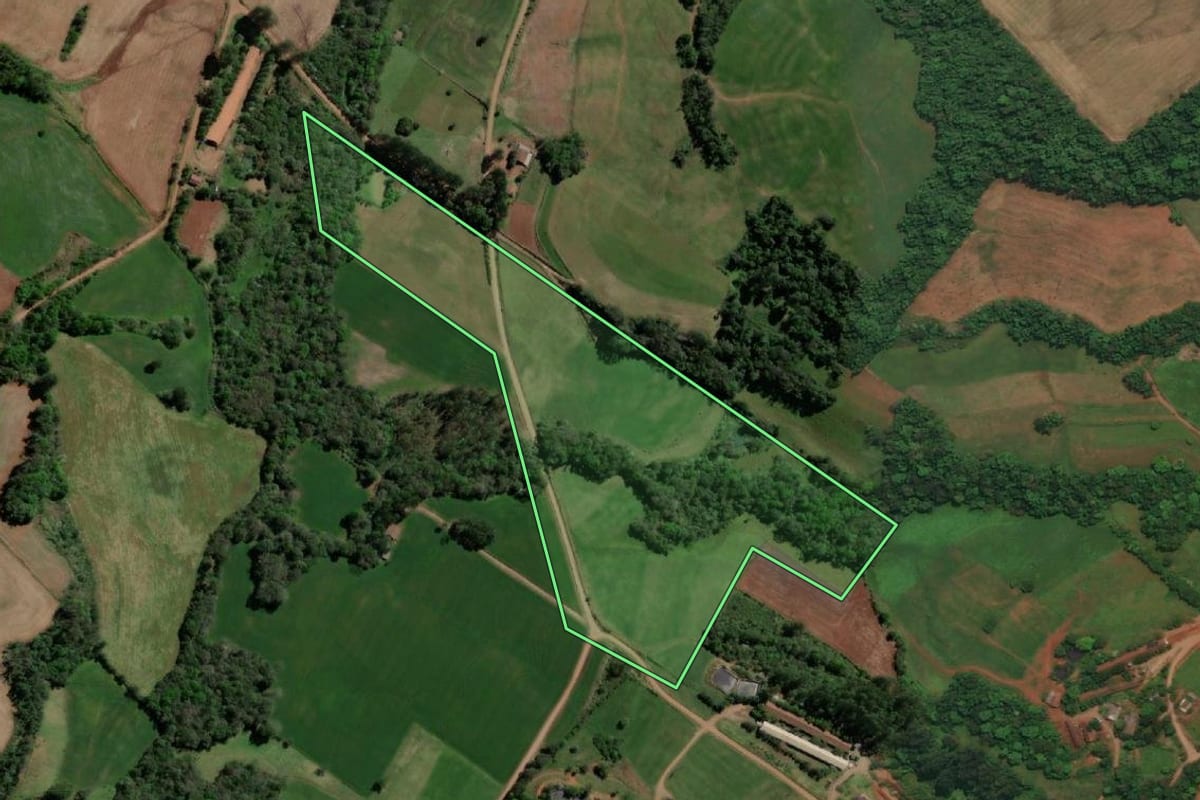 Imagem de satélite do imóvel rural em Três Passos (RS), com o contorno declarado no CAR desenhado por cima.