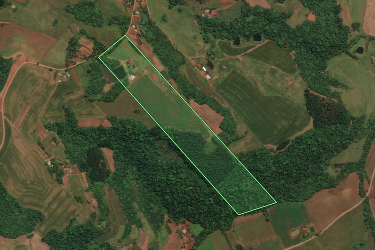 Imagem de satélite do imóvel rural em Três Passos (RS), com o contorno declarado no CAR desenhado por cima.