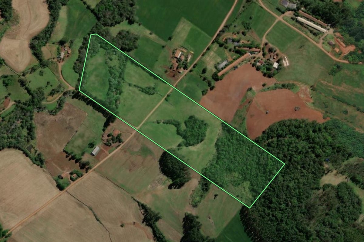 Imagem de satélite do imóvel rural em Três Passos (RS), com o contorno declarado no CAR desenhado por cima.