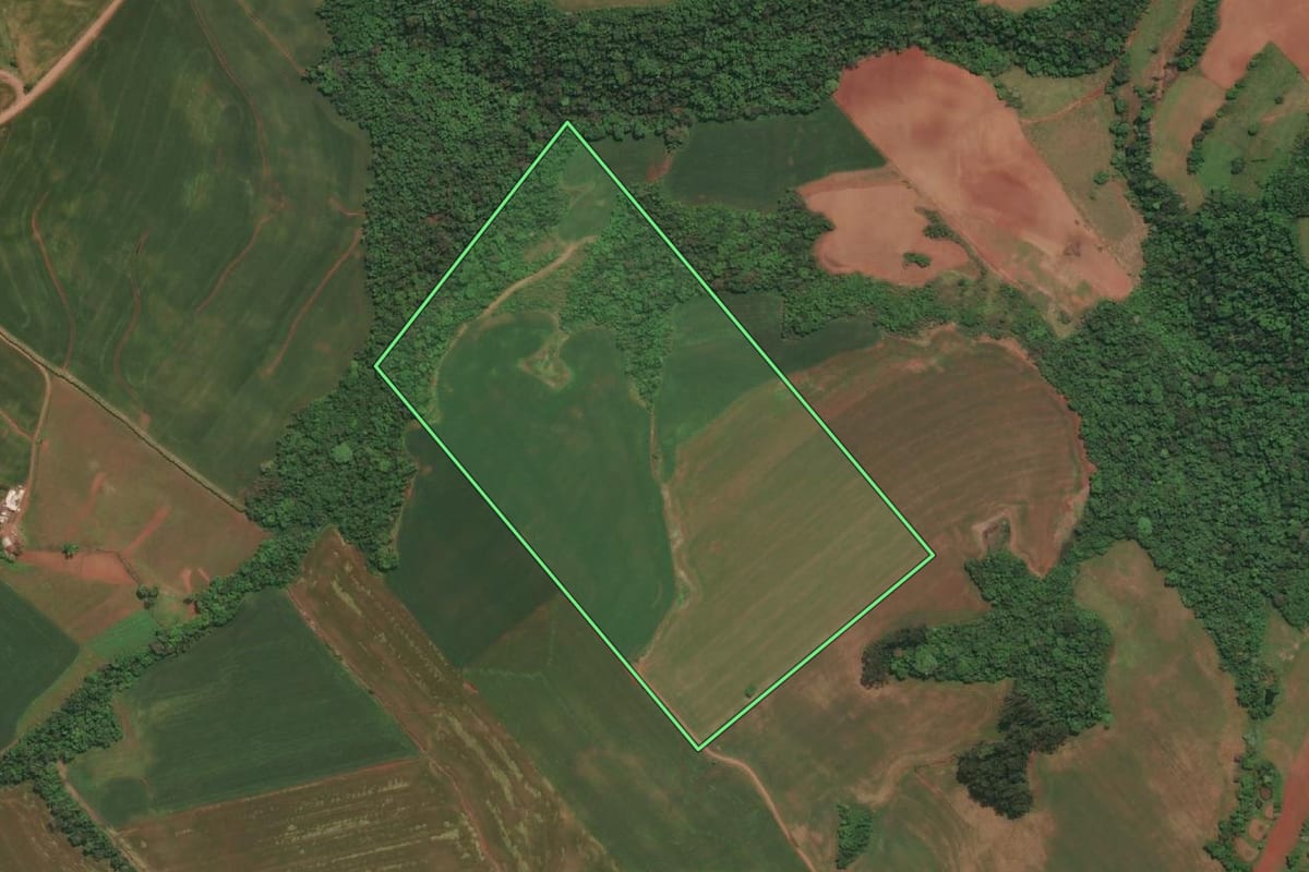 Imagem de satélite do imóvel rural em Três Passos (RS), com o contorno declarado no CAR desenhado por cima.