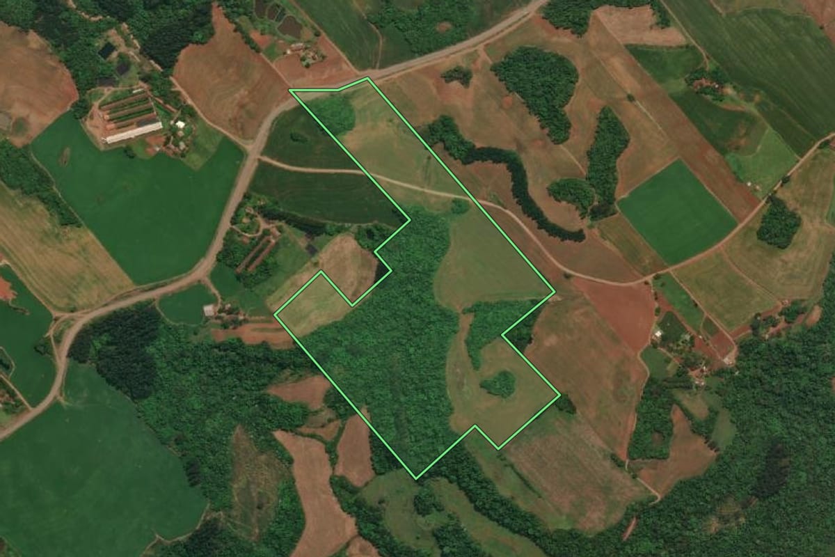 Imagem de satélite do imóvel rural em Três Passos (RS), com o contorno declarado no CAR desenhado por cima.