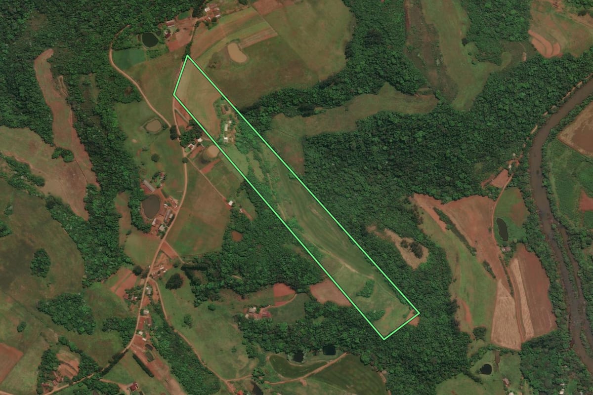 Imagem de satélite do imóvel rural em Três Passos (RS), com o contorno declarado no CAR desenhado por cima.