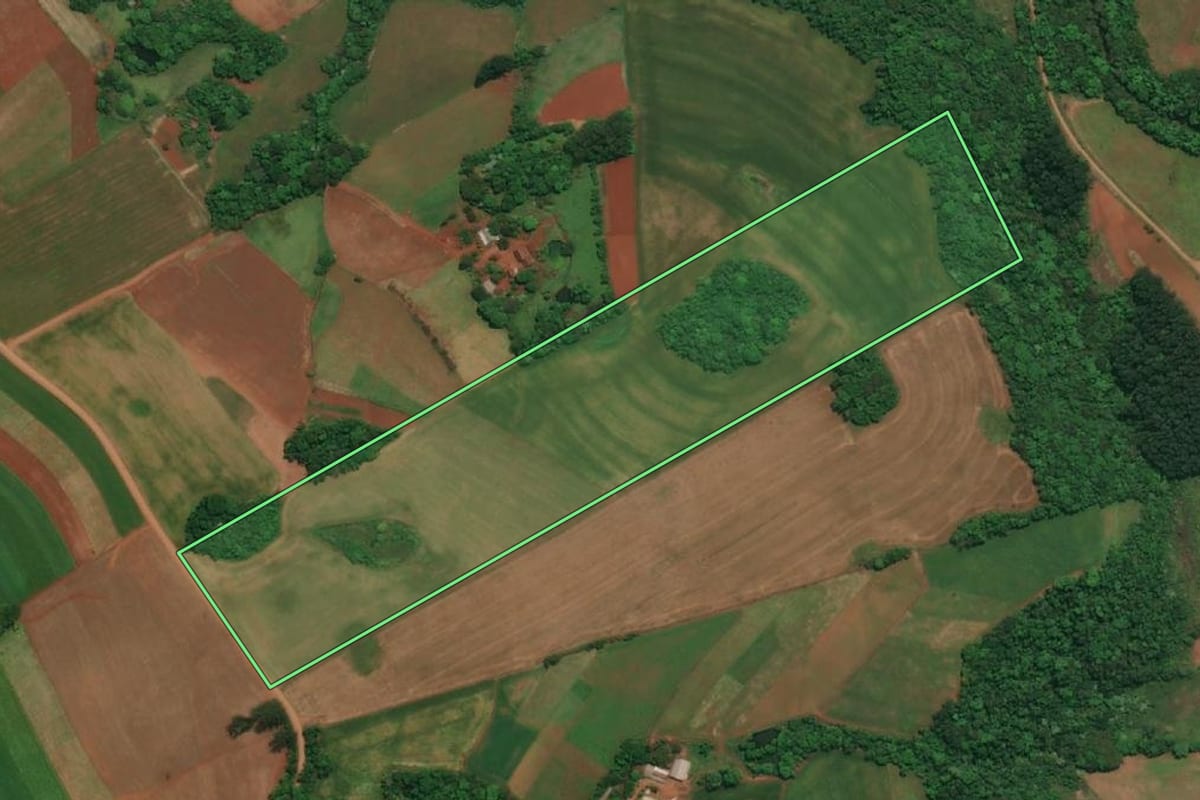 Imagem de satélite do imóvel rural em Três Passos (RS), com o contorno declarado no CAR desenhado por cima.