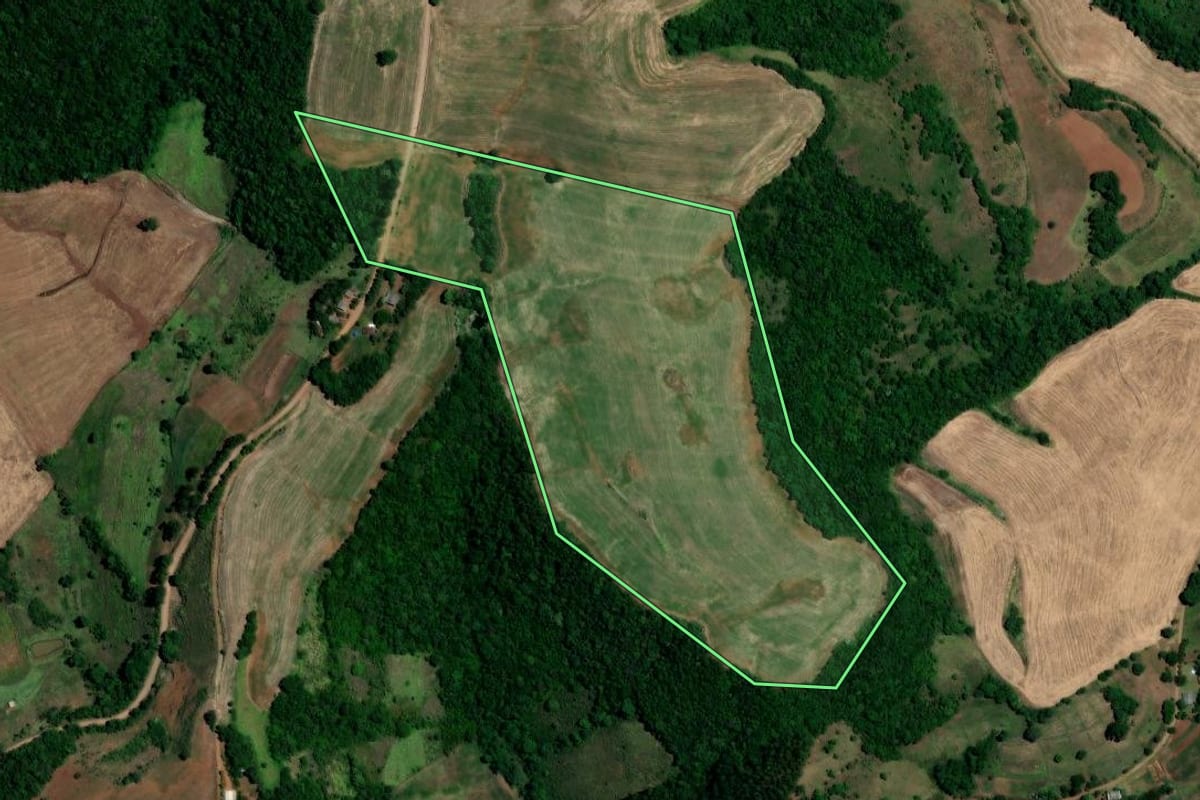 Imagem de satélite do imóvel rural em Trindade do Sul (RS), com o contorno declarado no CAR desenhado por cima.