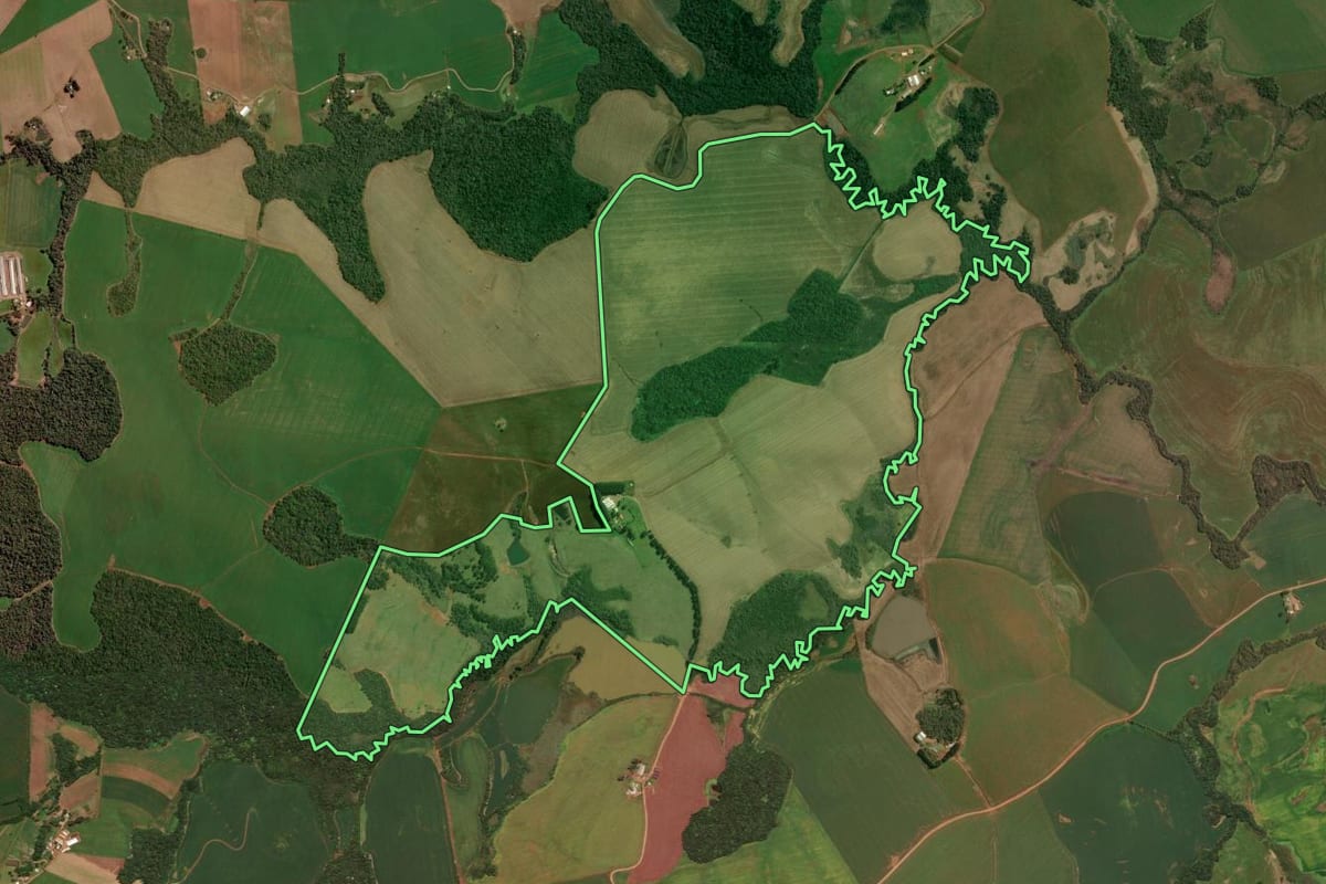 Imagem de satélite do imóvel rural em Trindade do Sul (RS), com o contorno declarado no CAR desenhado por cima.