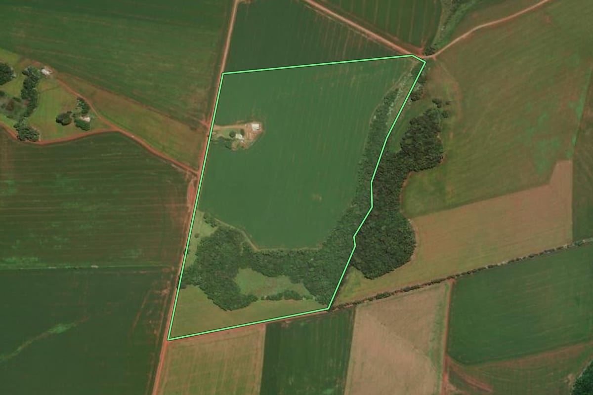 Imagem de satélite do imóvel rural em Trindade do Sul (RS), com o contorno declarado no CAR desenhado por cima.