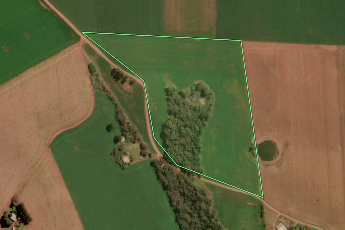Imagem de satélite do imóvel rural em Trindade do Sul (RS), com o contorno declarado no CAR desenhado por cima.