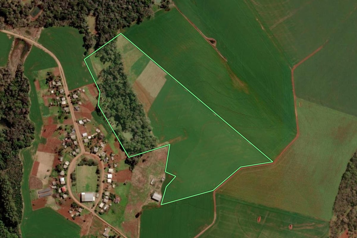Imagem de satélite do imóvel rural em Trindade do Sul (RS), com o contorno declarado no CAR desenhado por cima.