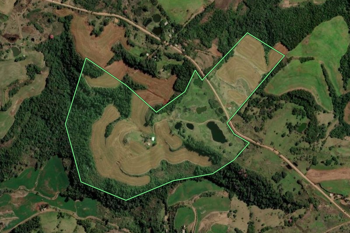 Imagem de satélite do imóvel rural em Trindade do Sul (RS), com o contorno declarado no CAR desenhado por cima.