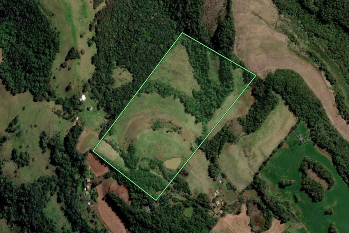 Imagem de satélite do imóvel rural em Trindade do Sul (RS), com o contorno declarado no CAR desenhado por cima.