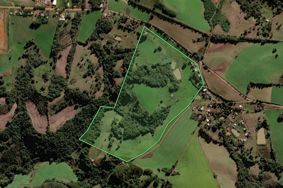 Imagem de satélite do imóvel rural em Trindade do Sul (RS), com o contorno declarado no CAR desenhado por cima.