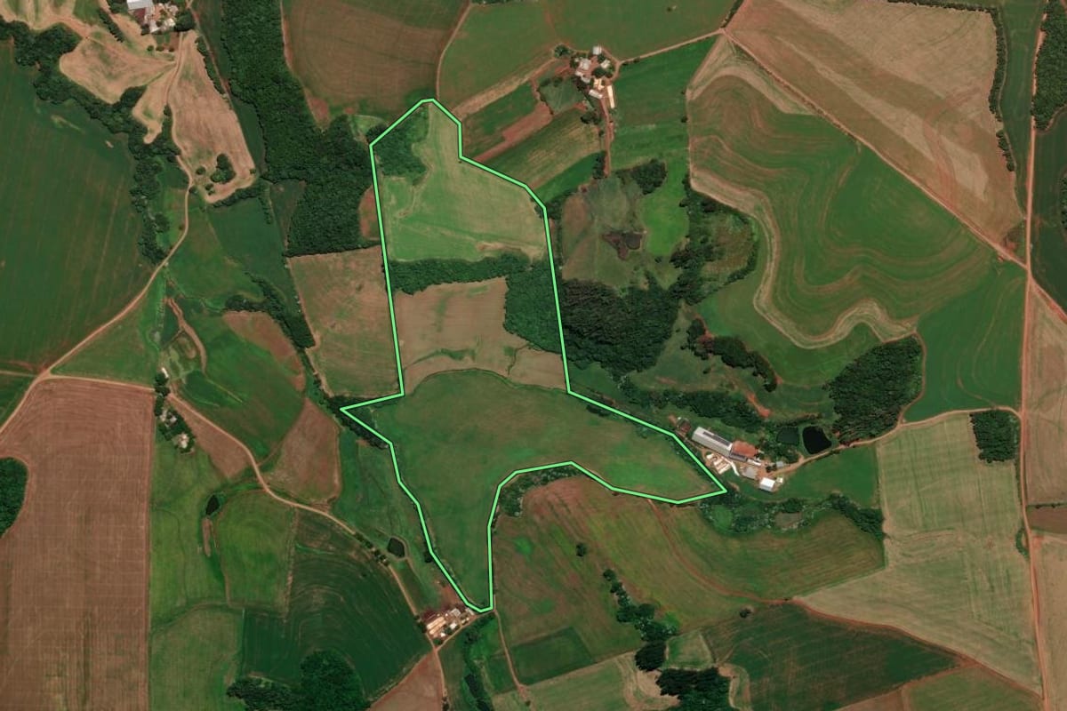 Imagem de satélite do imóvel rural em Trindade do Sul (RS), com o contorno declarado no CAR desenhado por cima.
