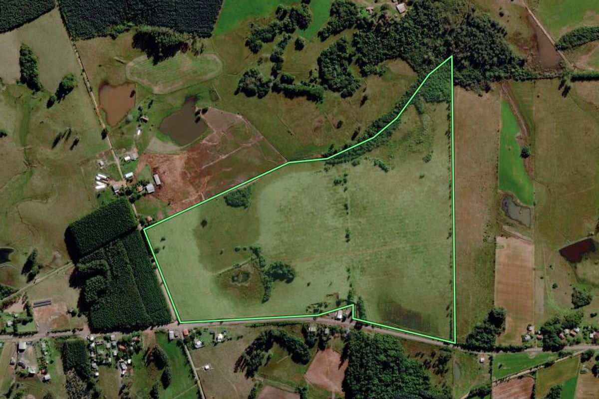 Imagem de satélite do imóvel rural em Triunfo (RS), com o contorno declarado no CAR desenhado por cima.