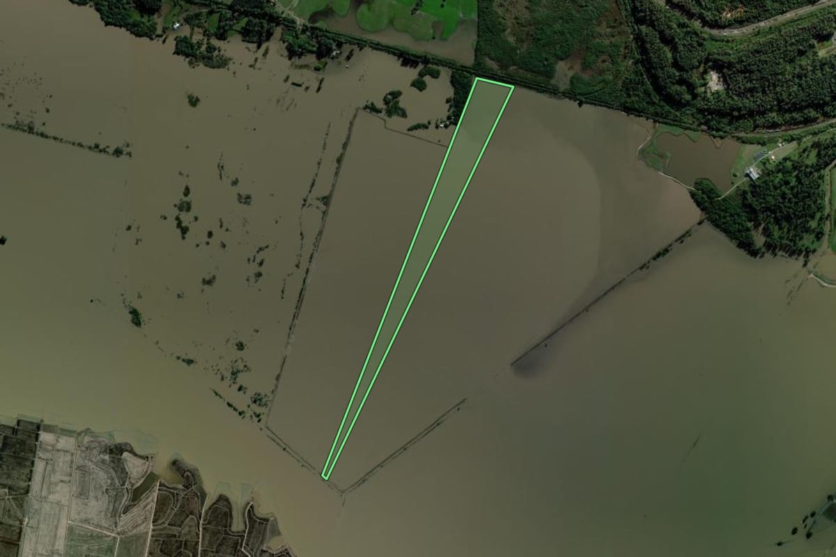 Imagem de satélite do imóvel rural em Triunfo (RS), com o contorno declarado no CAR desenhado por cima.