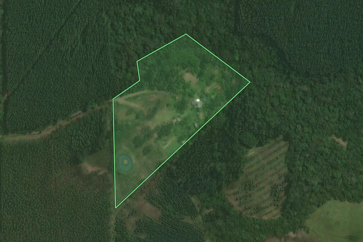 Imagem de satélite do imóvel rural em Triunfo (RS), com o contorno declarado no CAR desenhado por cima.