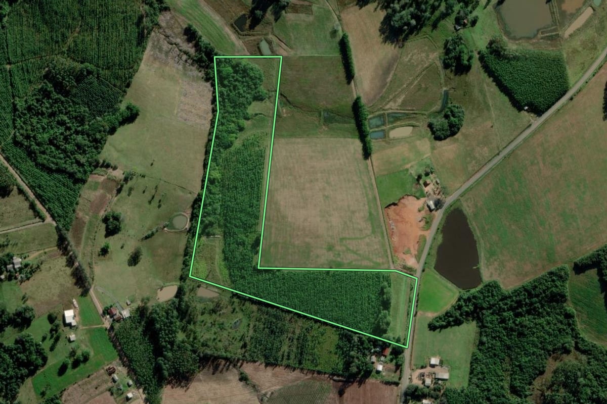 Imagem de satélite do imóvel rural em Triunfo (RS), com o contorno declarado no CAR desenhado por cima.