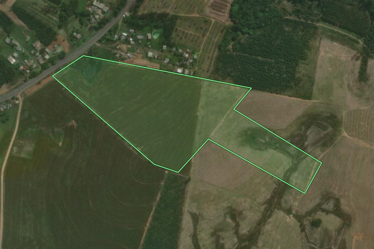 Imagem de satélite do imóvel rural em Triunfo (RS), com o contorno declarado no CAR desenhado por cima.