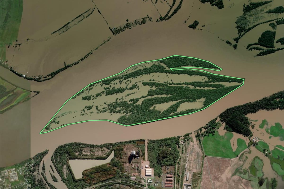 Imagem de satélite do imóvel rural em Triunfo (RS), com o contorno declarado no CAR desenhado por cima.