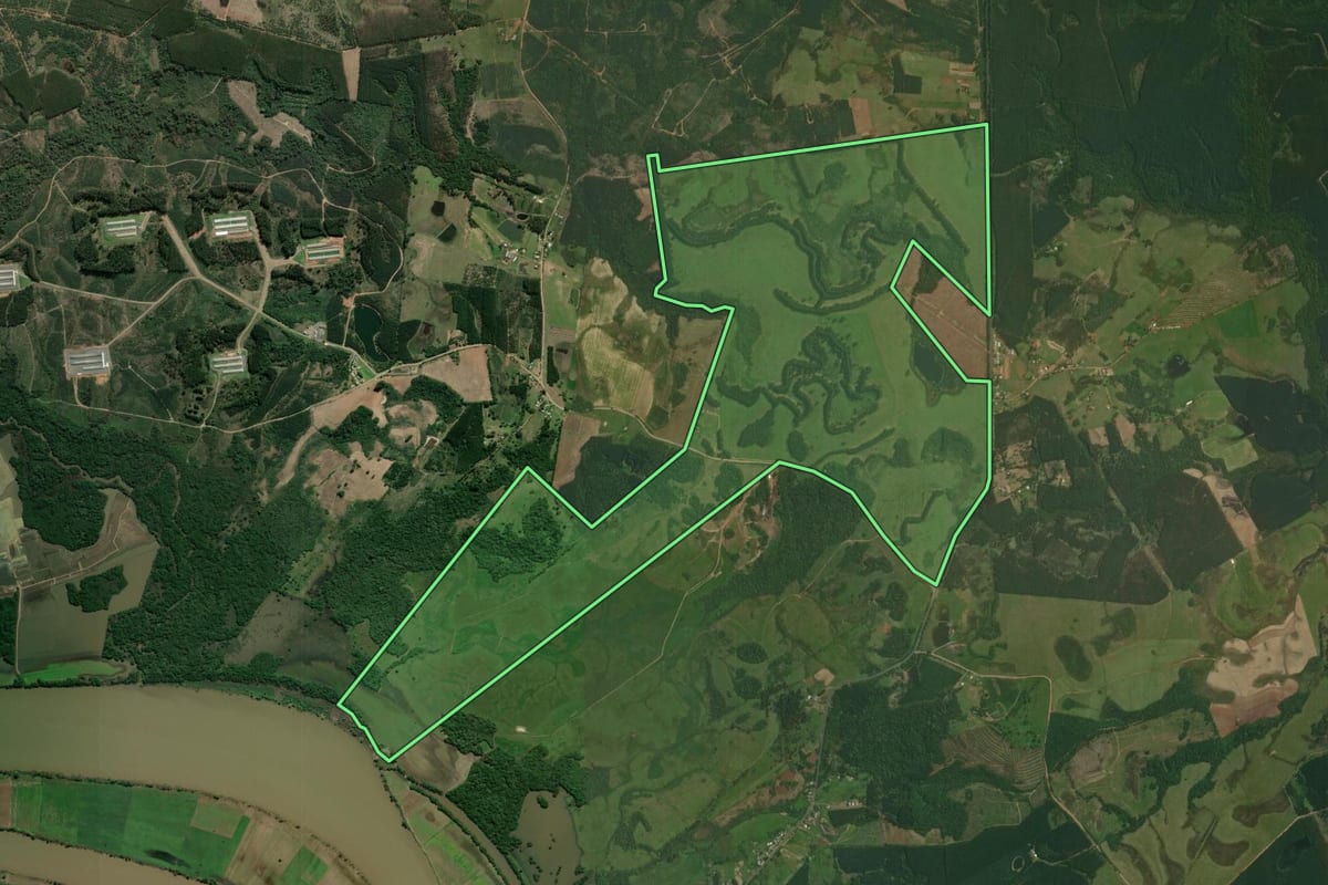 Imagem de satélite do imóvel rural em Triunfo (RS), com o contorno declarado no CAR desenhado por cima.